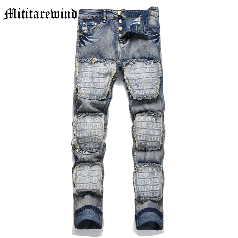 

Men's Jeans Vintage Autumn Pencil Leg Four Seasons Casual Pants Blue Distressed Ripped Moustache Patches Trousers Y2k Slim