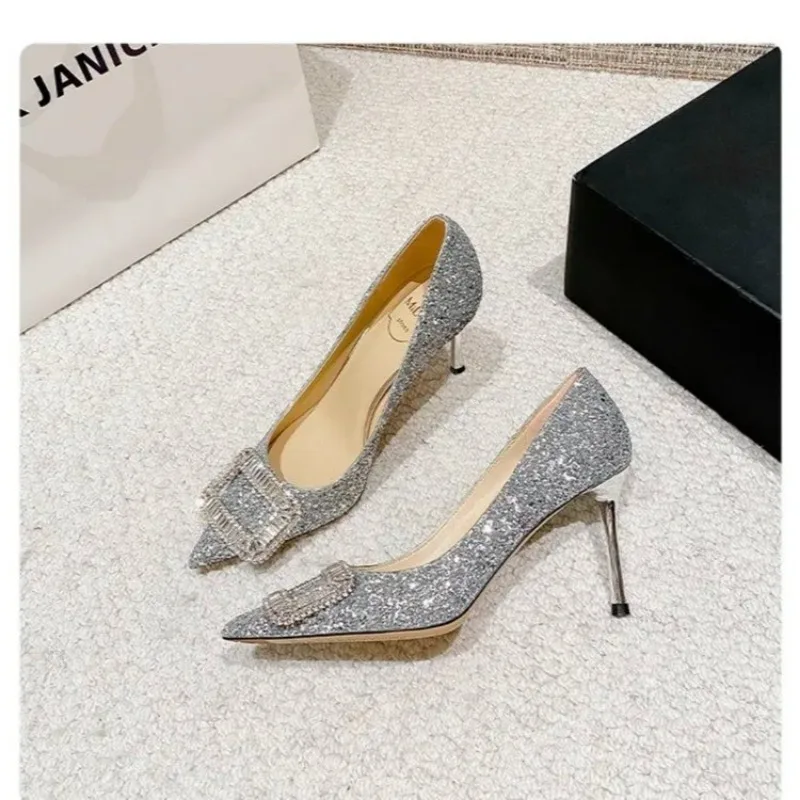 Women's High Heels Pointed ToeGlitter Woman Sexy Wedding Shoes Gold Sier Party Femme Pumps_voghion.com