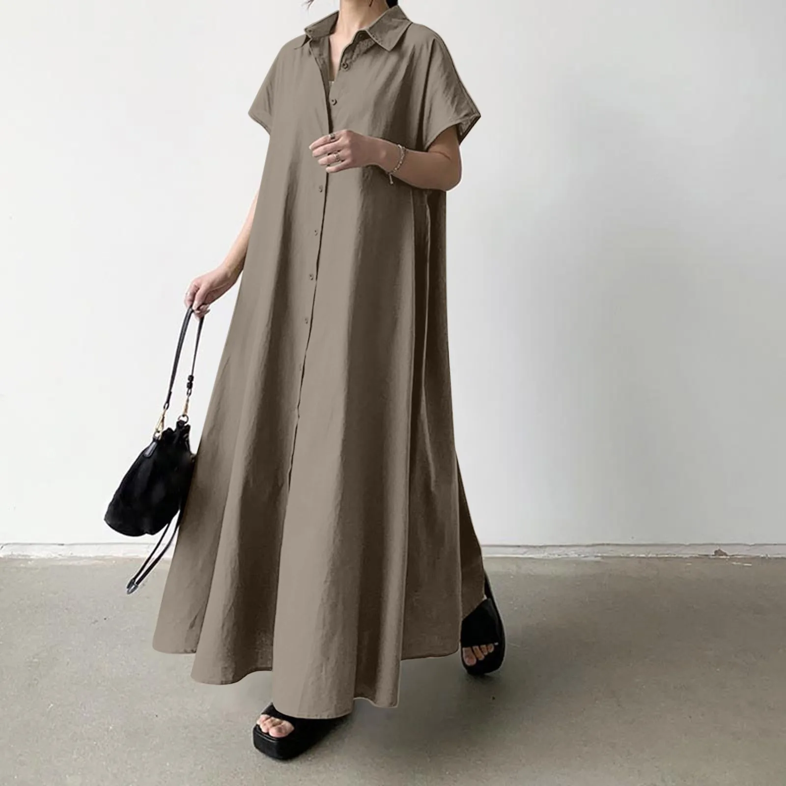 

Women's Casual Pullover Shirt Long Dress Summer Turndown Down Short Sleeve Solid Color Maxi Dress Button Loose Female Dresses