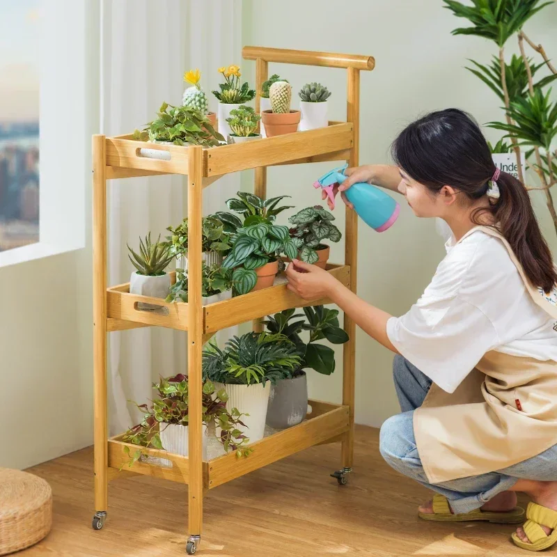 Simple Modern Double-Layer Bamboo Plant Stand Mobile Shelf Decoration with Tray Design Versatile Home Organizer Elegant Display