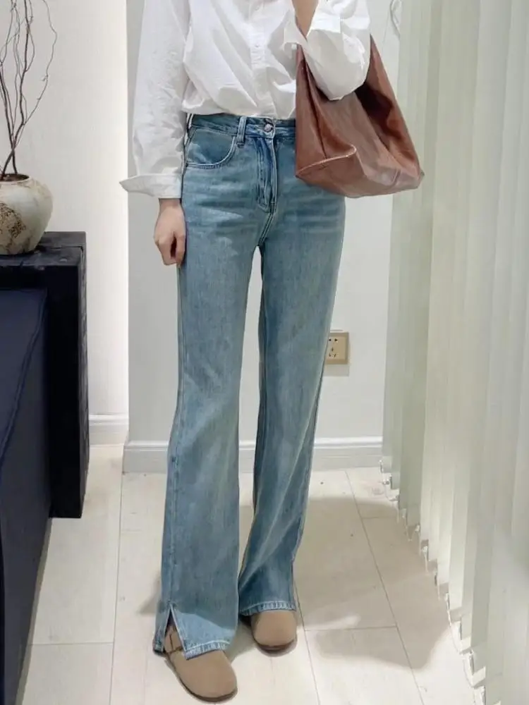 

FINEWORDS Vintage Side Slit High Waist Jeans Causal Washed Loose Wide Leg Jeans Korean Streetwear Denim Pants