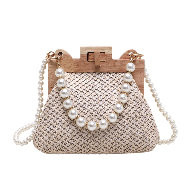 Straw Wooden Lock Hand Bags Woman Pearl Crossbody Bag Fashion