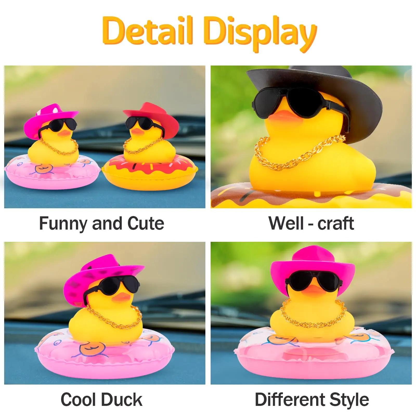 Rubber Car Duck Decoration Dashboard Car Ornament , Accessories with Mini Sun Hat Swim Ring Necklace and Sunglasses 3