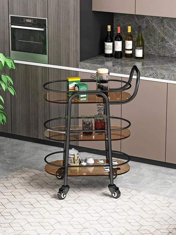 Mobile dining car Nordic hotel commercial restaurant wine tea car home golden three-layer glass light luxury trolley