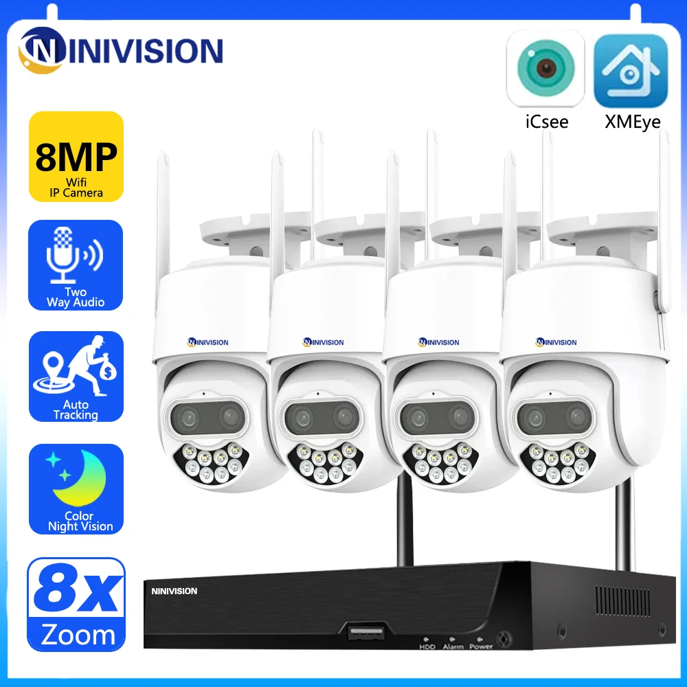 8MP PTZ Wireless CCTV System 8X Zoom Two Way Audio WIFI IP Security Camera 4CH P2P NVR Video Surveillance Kit Human Auto Track