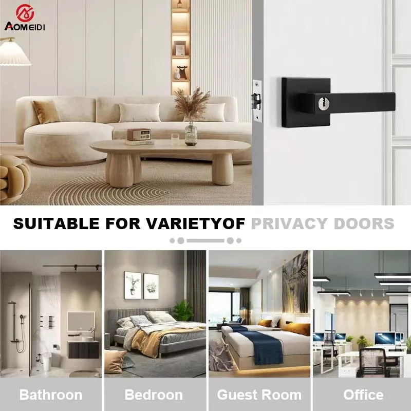 1 set matte black square doorknobs lock key heavy duty doorknobs for indoor/outdoor bathrooms/passageways