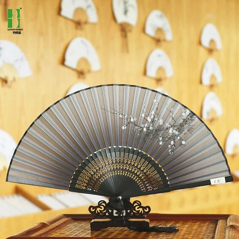 

Chinese Style Carved Bamboo Craft Fan Two Sections Folding Silk Cloth Hand Fans Handmade Gift Home Decoration