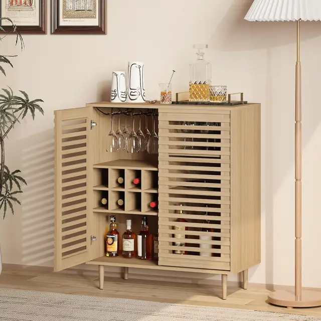 Mid Century Bar Cabinet with Wine Racks, Modern Liquor Cabinet with Slatted Doors for Dining Room, Living Room, Customized
