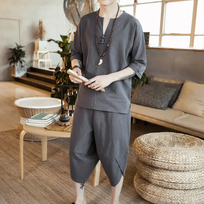 

Chinese Style Set New Men's 3/4 Sleeve Cotton and Hemp Set Plate Button 7/4 Pants Casual Solid Color Set Fashion