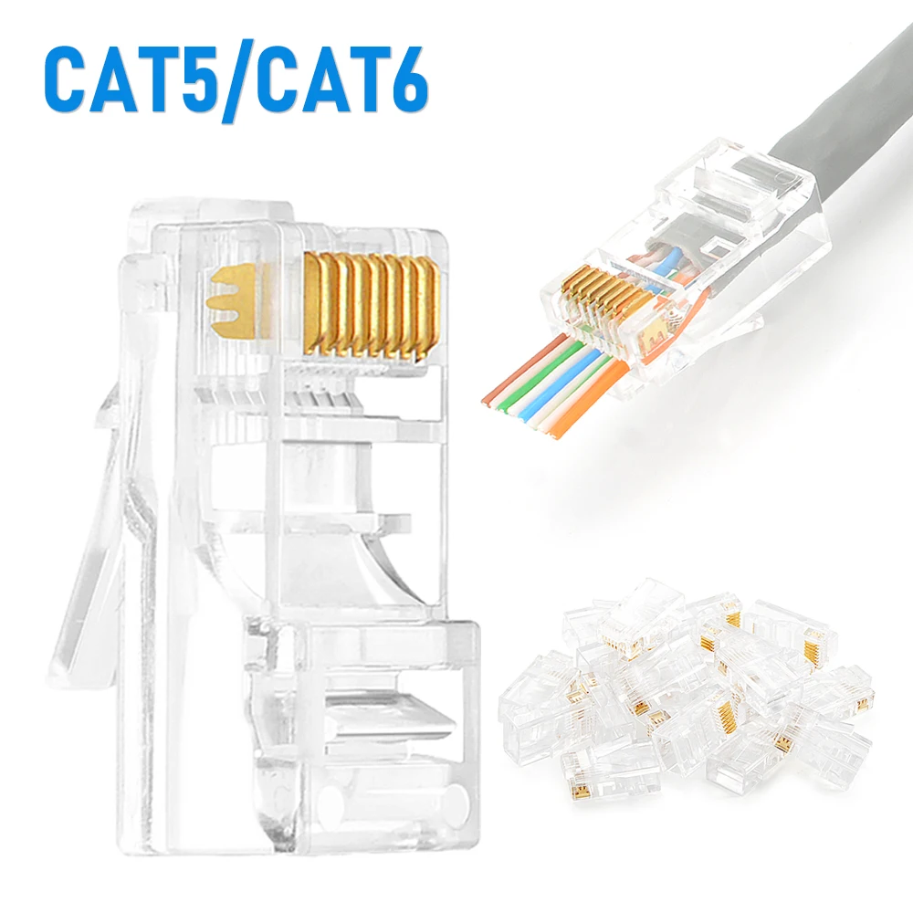 Ethernet Network Plug Pass Through RJ45 Cat6 Cat5e Connectors Crystal End 8P8C Crimp UTP Standard 10/20/30/50Pcs