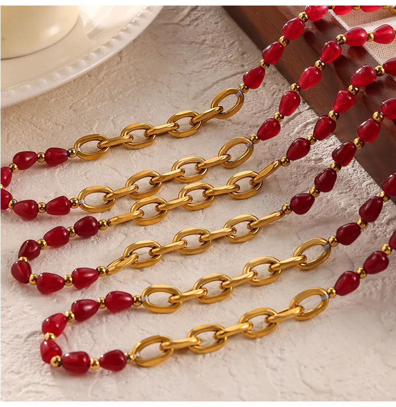316l Edelstahl vergoldete Kette rote Achat Perlenkette Armband Luxus Schmuck Set Damen Vintage Accessoires – Detail 9