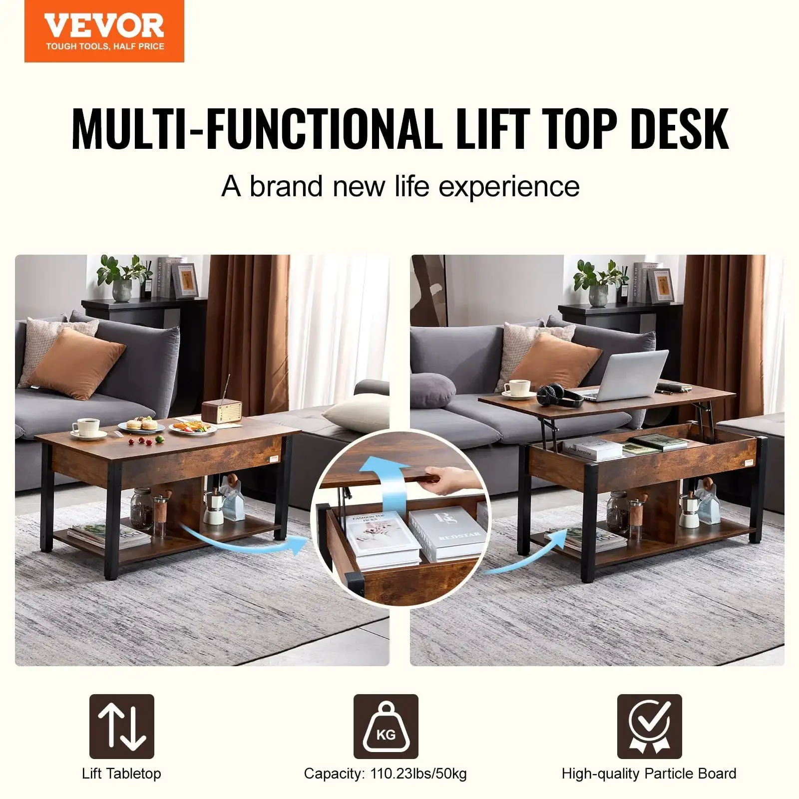 Lift Top Coffee Table 41.7" Rectangle Coffee Table for Living Room Brown 2