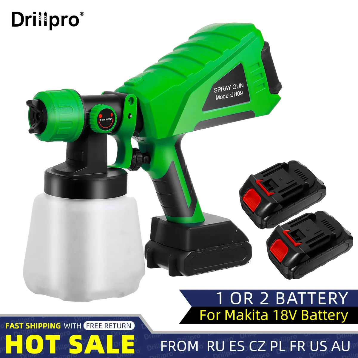 1000ml 800W Cordless Electric Paint Sprayer Spray Gun 2 Batteries