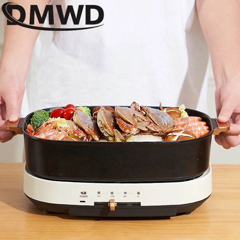 DMWD Electric Split Hot Pot Multifunctional Cooking Pot BBQ Grill Barbecue Oven Plate Non-stick Frying Pan Food Cooking Soup Pot 3