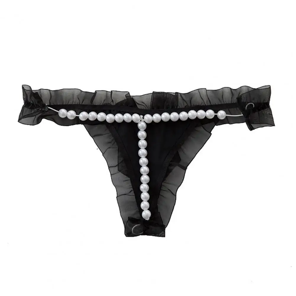 Faux Pearl Lace Decor Women Thong Spaghetti Strap Open Crotch Solid Color Low Waist Elastic Hot Lady G-string Panties Underwear