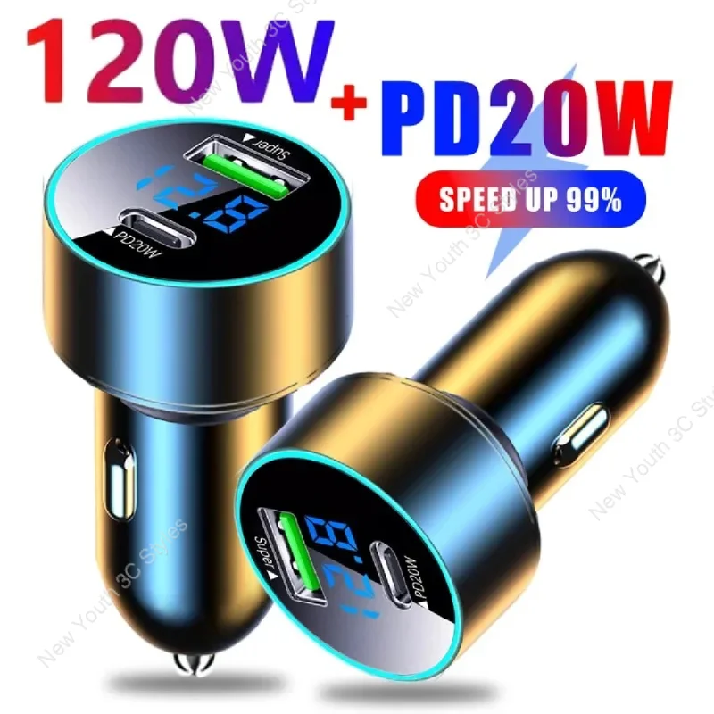 

120W Super Charger Type C Fast Charging Dual Port Car Charger Car Phone Adapter For Xiaomi Samsung Huawei iPhone 15 14ProMax