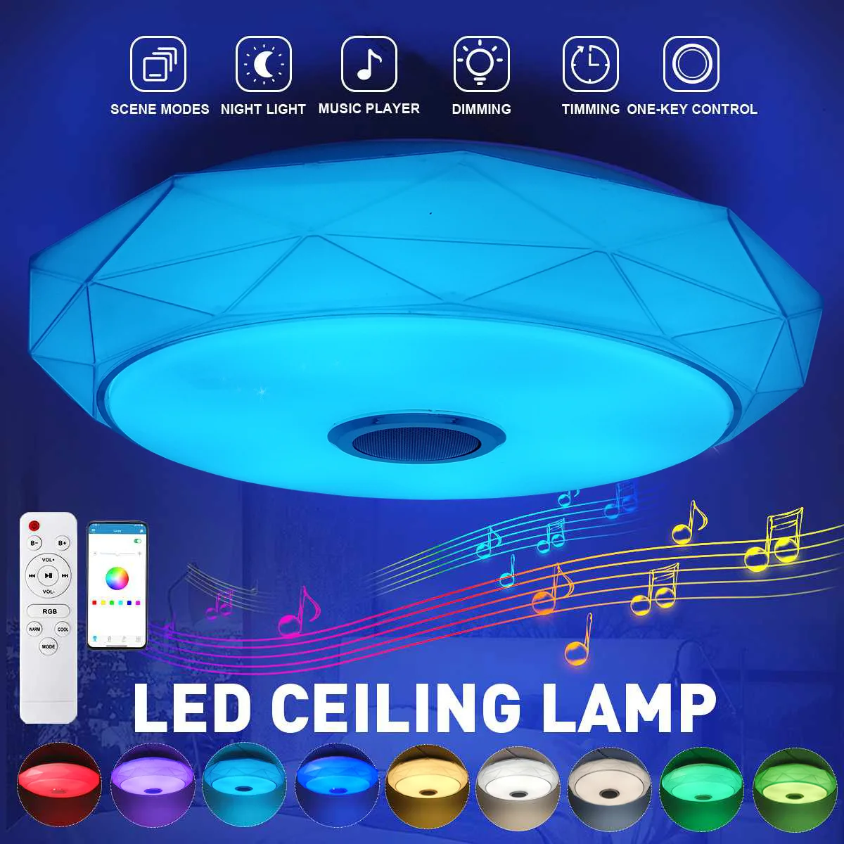 Inteligente luz de teto led rgb 36w 72 bluetooth app remoto com música alto-falante para crianças quarto sala estar lâmpada do teto 110v 220v