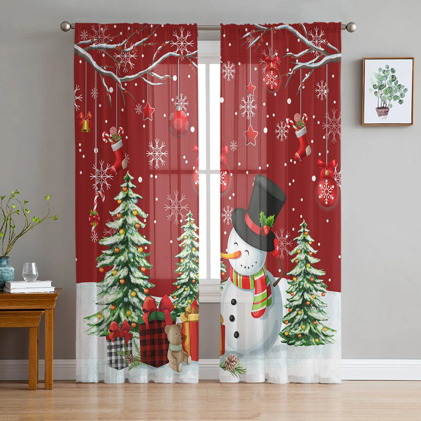 

Christmas Snowman Snowflake Red Window Tulle Curtains for Living Room Kitchen Christmas Home Decor Sheer Voile Curtains