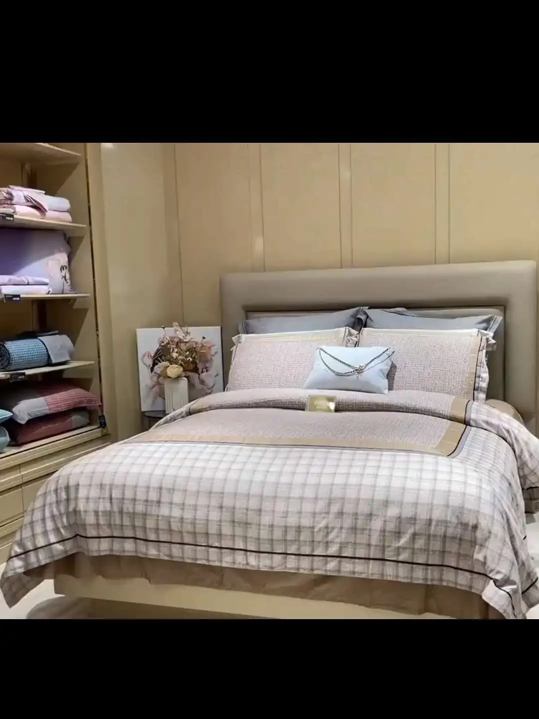 하이 퀄리티 면 자수 침구 세트, 체크 무늬 이불 커버, 침대 시트, 베개 커버, 우아한 스타일, 100%