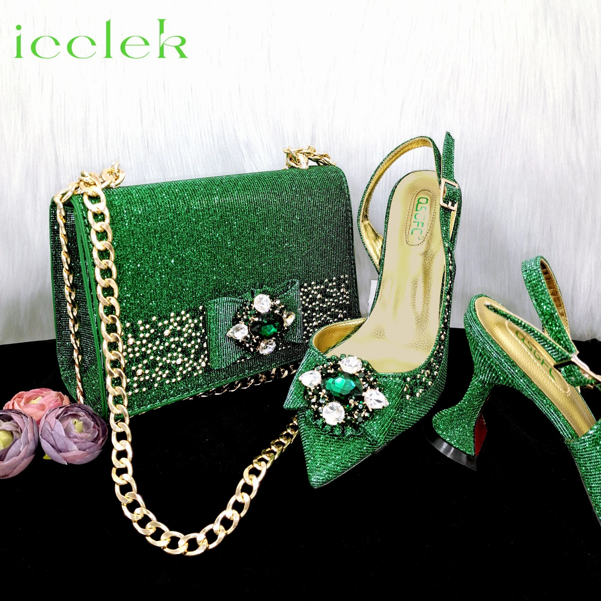 

Green Color Elegant Ladies Heel Butterfly Design Shoes and Three-Dimensional Large-Capacity Bag For Women Party