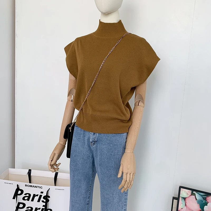 셔츠와 블라우스 여성 스탠드 칼라 니트 조끼 느슨한 우아한 탑 여성 짧은 소매 사무실 레이디 2024 패션 18842