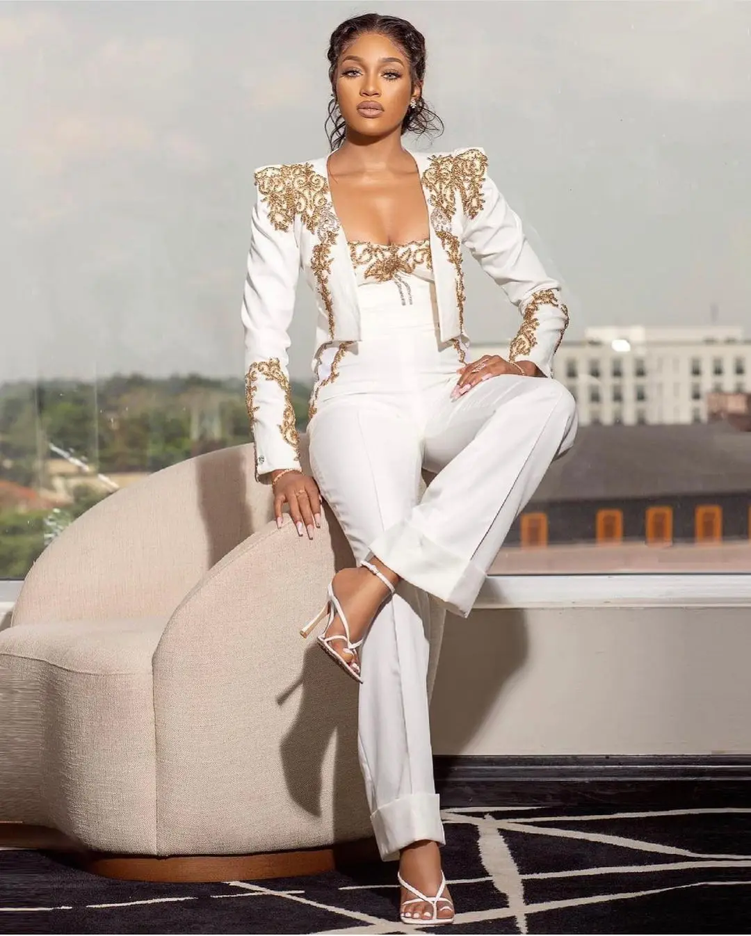 Sexy Applique Women Power Suits Fashion Full Length Blazer Strapless Beaded Jumpsuits Casual Daily Formal