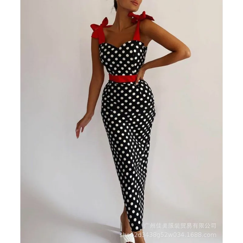 

2024 Summer New Women's Clothing Sling Fitted Waist Polka Dots Color Contrast Patchwork Dress