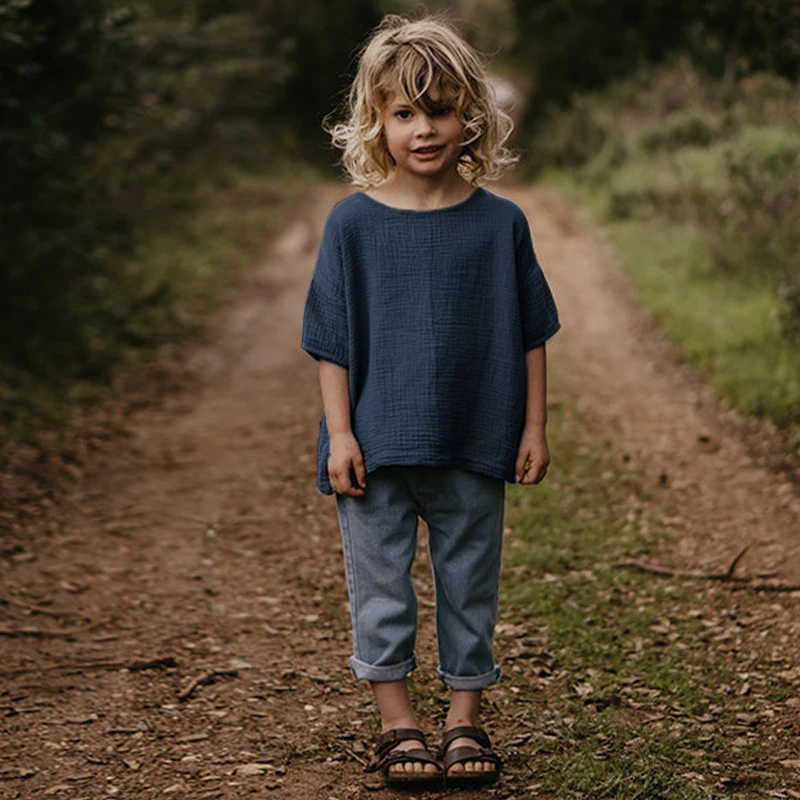Cotton T Shirt Kids Summer Gauze Retro Casual Loose Tops