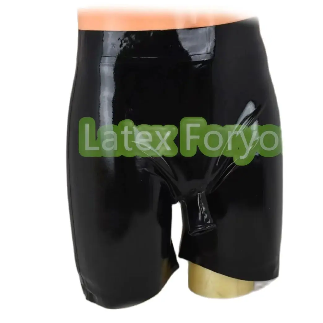 

Handmade Sexy Black Latex Boxer Shorts With Front Half Opened Sheath Elastic Rubber Underpants Male Sexy Panties Bottoms