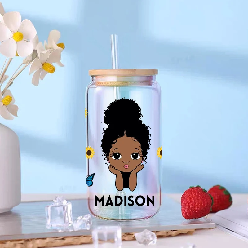 UV DTF Transfer Sticker Black Girl For The 16oz Libbey Glasses Wraps Bottles Cup Can DIY Waterproof Decals D3607