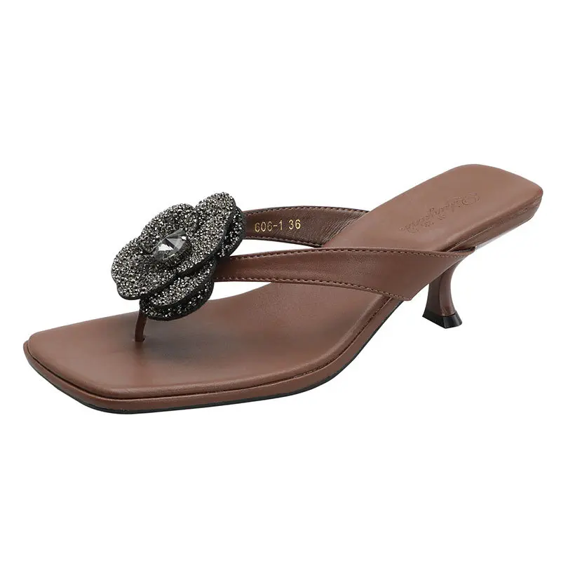 Ladies Crystal Flower Flipflops Thong Clip Toe Sandals Women Kitten High Heel Shoes Wedges Beach Slides Femme Slingback Slippers
