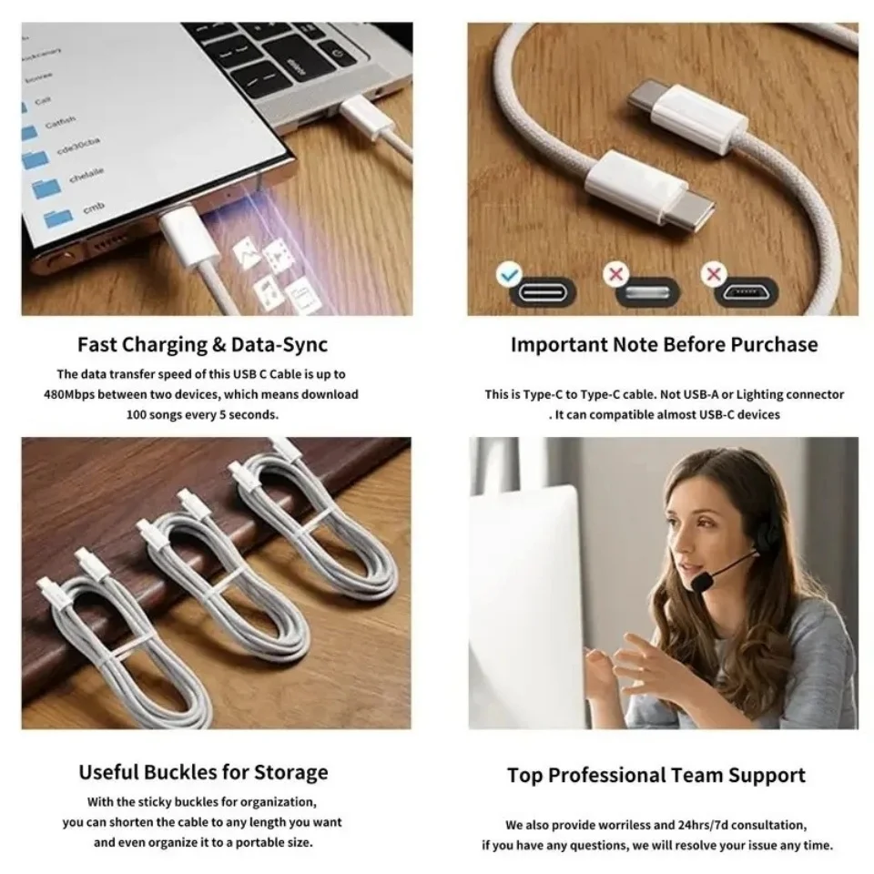 오리지널 USB C 충전기 PD 60W 케이블 아이폰 17 17e 16 15 Pro Max Plus 타입 C 브레이디드 충전 케이블 코드 고속 충전 와이어