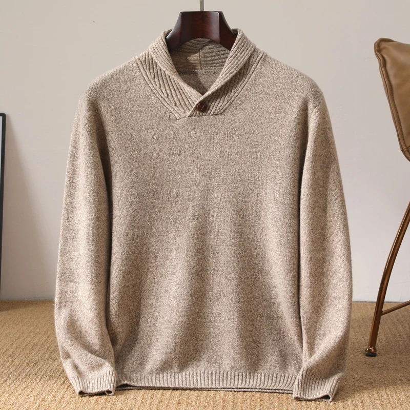 Autumn and Winter New Men's 100% Merino Wool Knitted Bottom Sweater with One Button Collar, Thick, Warm and Loose  Pullover 2