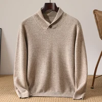 Autumn and Winter New Men's 100% Merino Wool Knitted Bottom Sweater with One Button Collar, Thick, Warm and Loose  Pullover 2