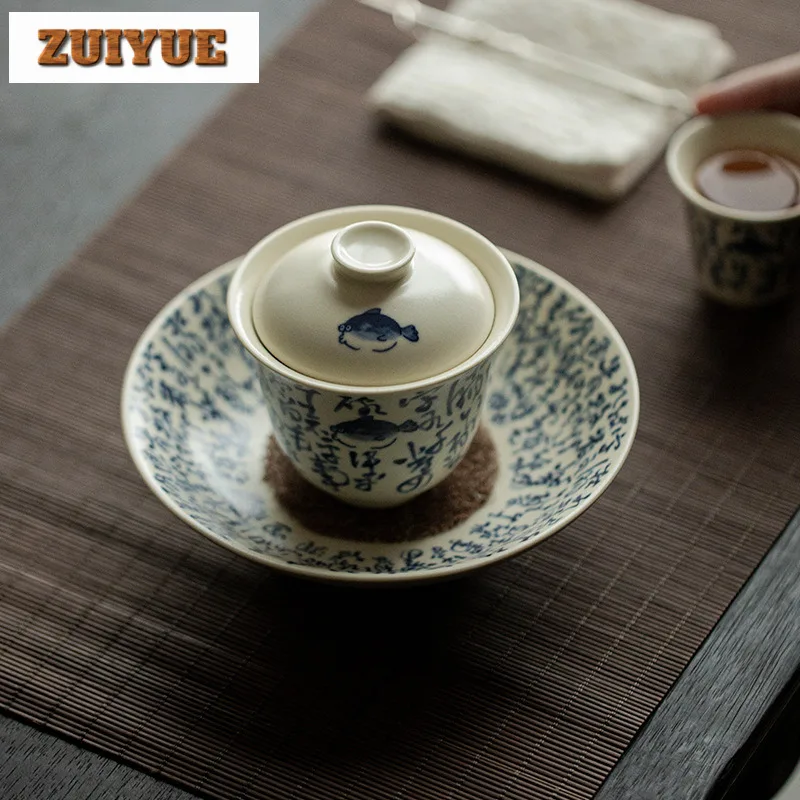 110ml Soda Glazed Poetry Prose Cover Bowl Zen Ceramic Gaiwan Retro Tea Tureen Household Tea Maker Chinese Drinkware Craft Gifts