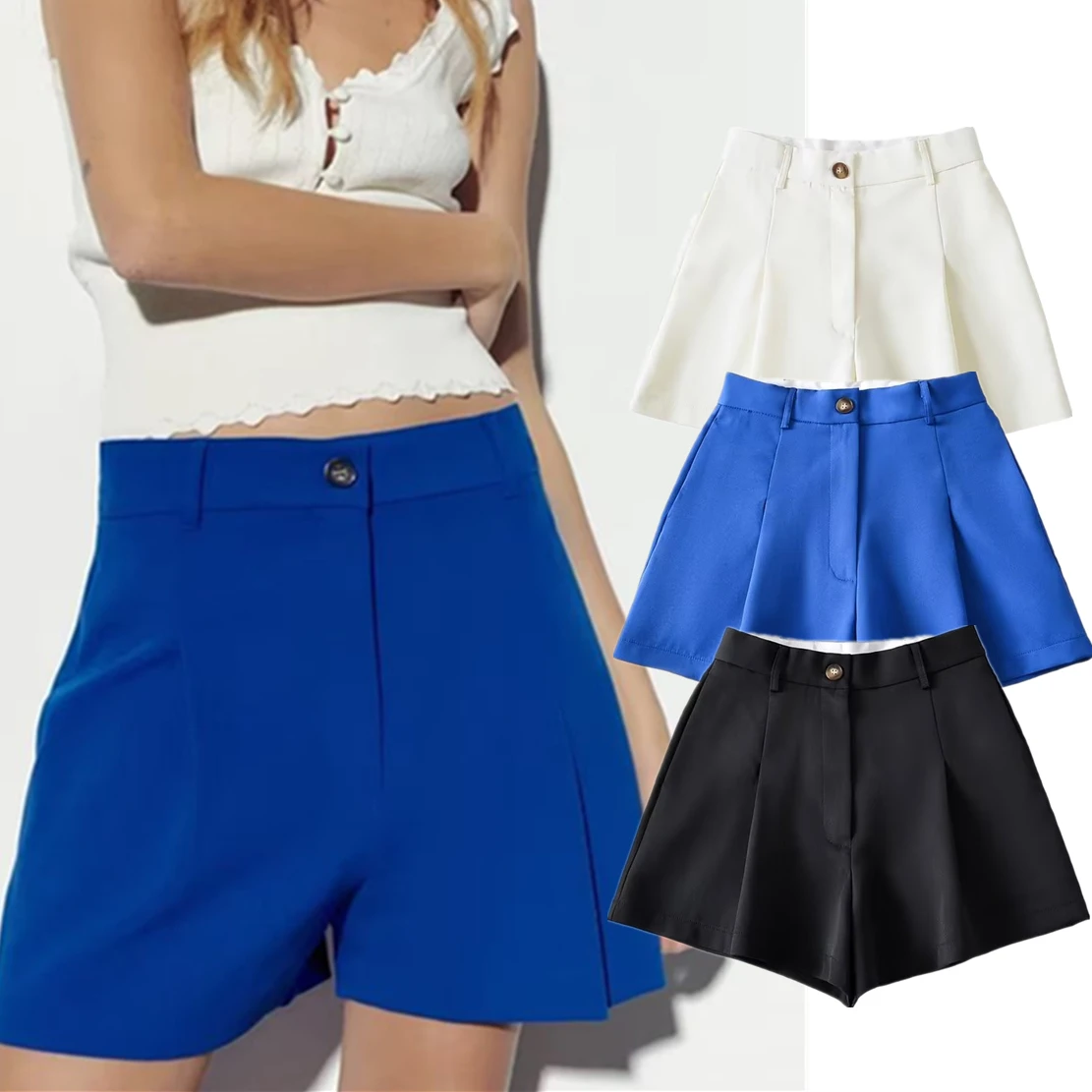 

Withered England Style Fashion High Wasit Loose Suit Shorts Women Office Lady Solid Simple Bermuda