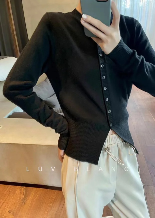 2022 Spring and Autumn round collar waist slit long sleeves 100% pure wool cardigan coat
