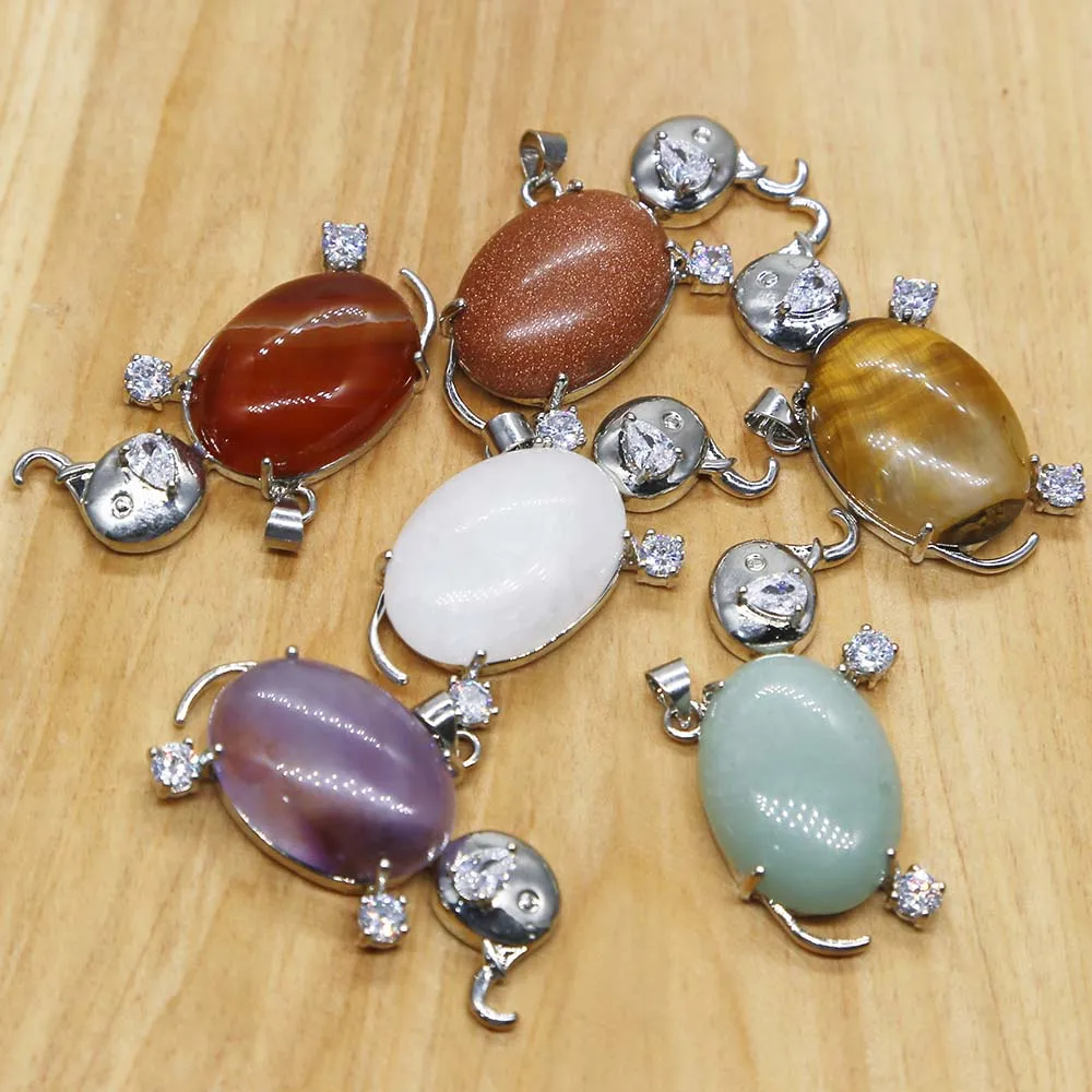 Natural Stone Crystal Agate Inset Stainless Steel Elephant Necklace Pendant DIY Jewelry Accessories Wholesale 6Pcs Free Shipping