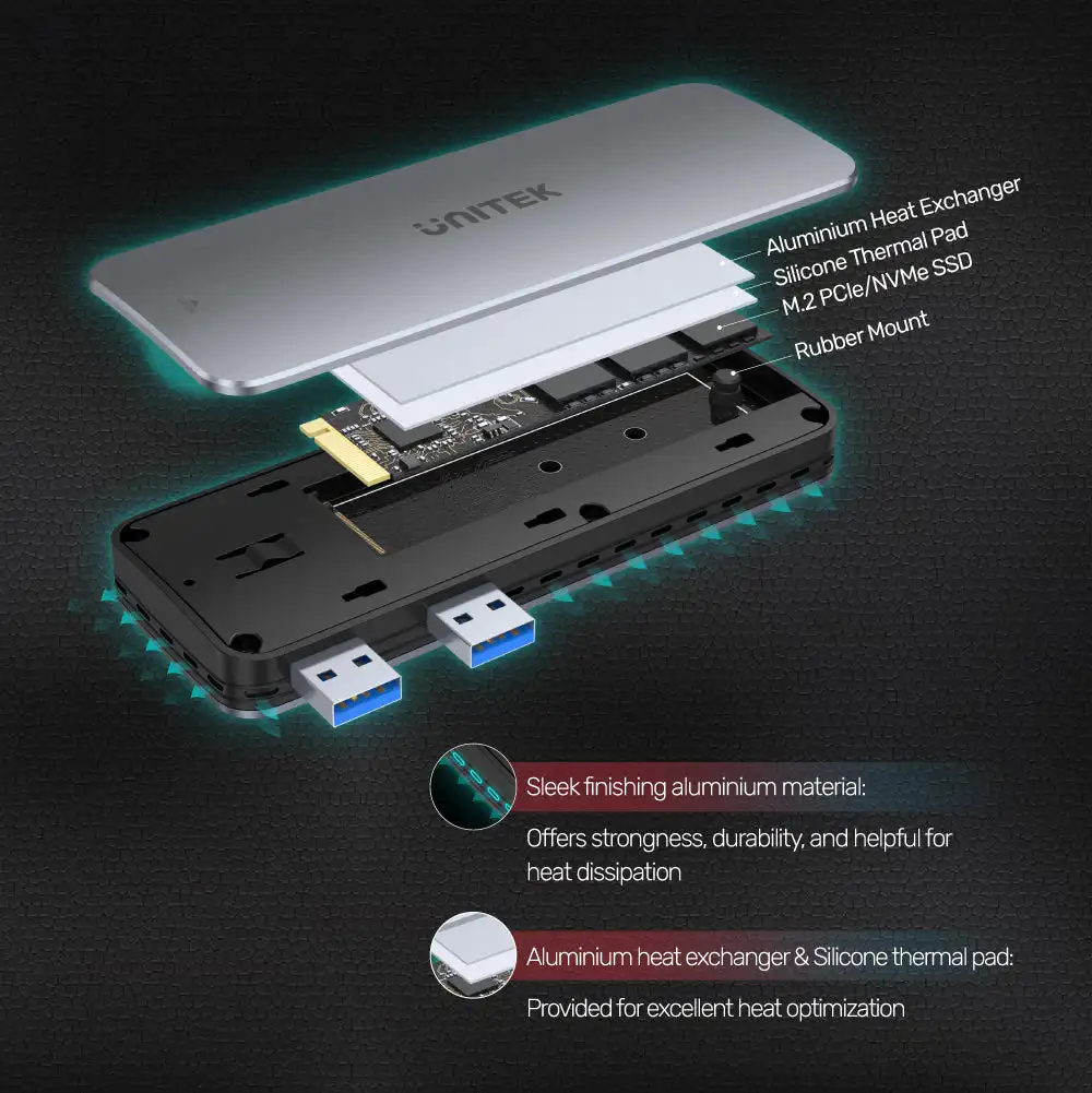 Unitek M2 NVMe SSD Case Dual USB 3.2 Gen2 10Gbps to NVME SSD M.2 Hard Disk Enclosure for PS5 with USB Female to Male Cable