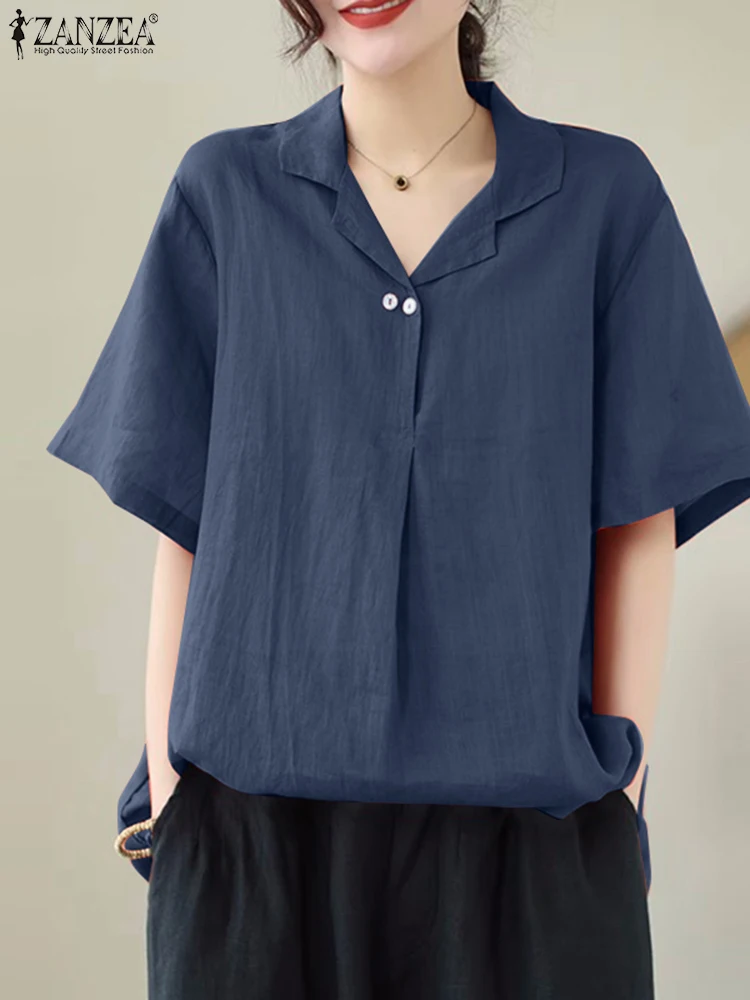 

ZANZEA Placket Front Women Tops Fashion Korean Blouse Cotton Half Sleeve Shirt 2023 Summer Solid Casual Notched Collar Blusas