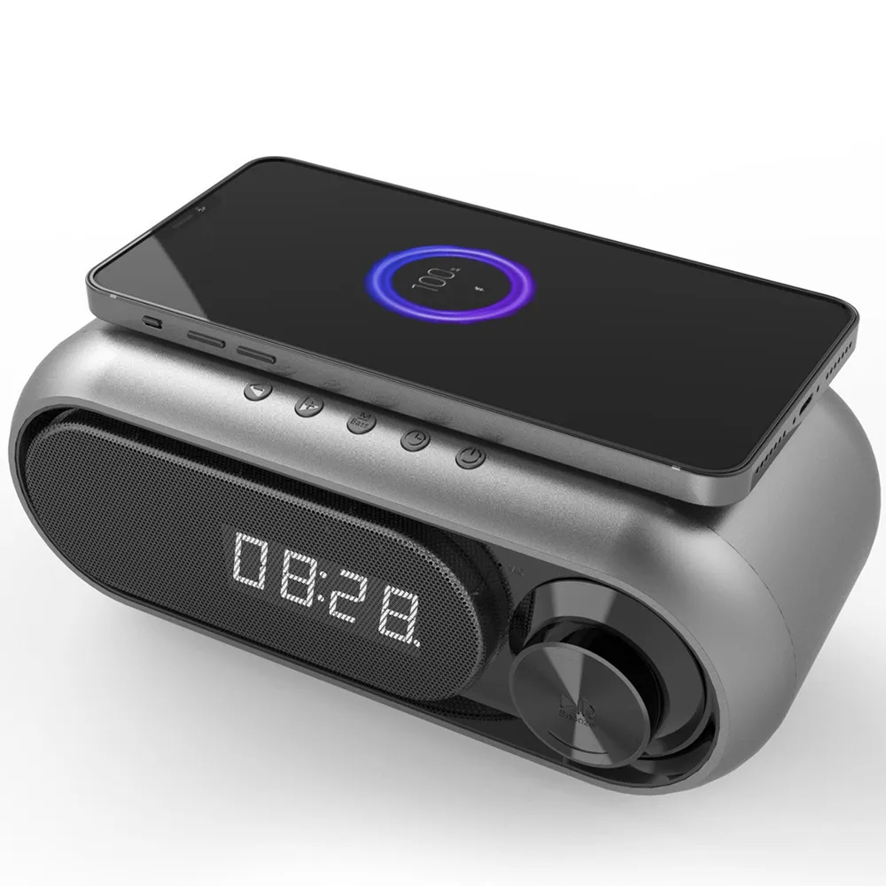 

Mobile Phone Wireless Charger Bluetooth Speaker FM Radio LED Alarm Clock TF Card Player MP3 AUX Audio Bass Horn Call Music Sound