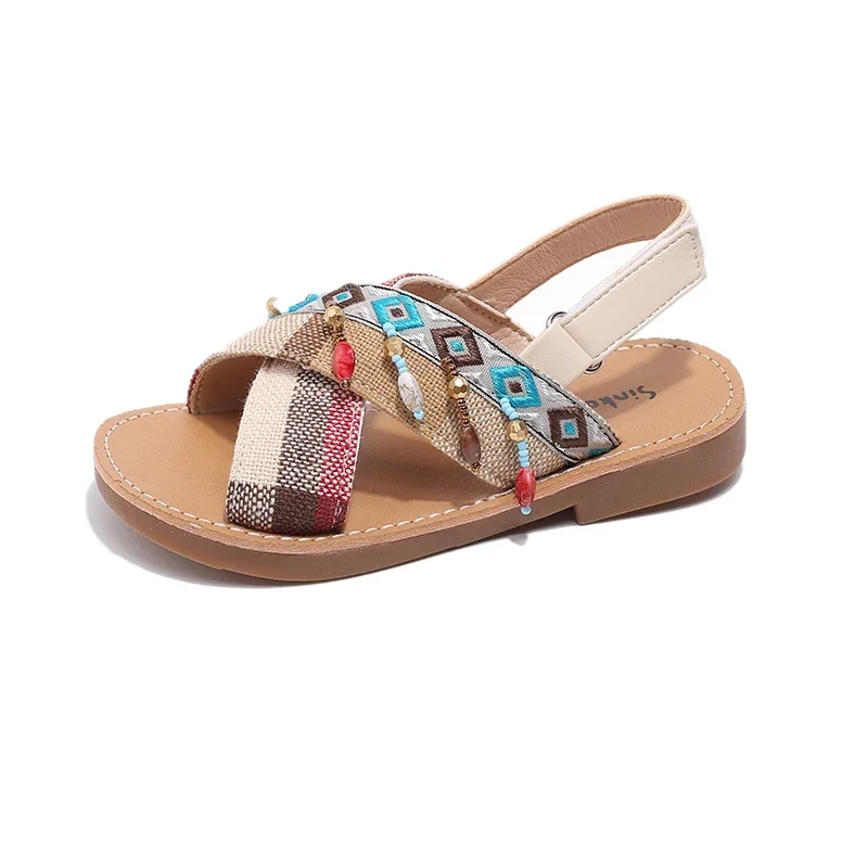 Girls Sandals Kids Summer Beach Shoes Gladiator with Pendants Retro Vintage Children Ethnic Sandals Flat Patchwork Bohemian Ins