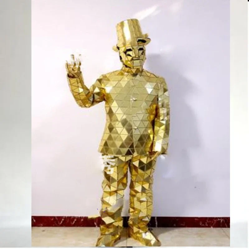 

Glass men suit Gold mirror face dress robot men women costume reflective bar show GOGO stage clothing future Space wedding