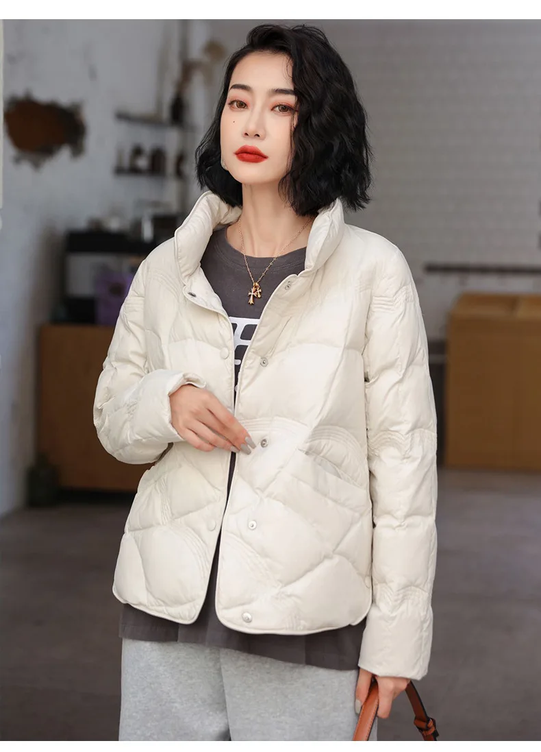 Women's Winter Short Down Jacket Stand Collar Plaid Solid White Duck Down Coat Lady Puffer Jackets max mara пуховик JK-229