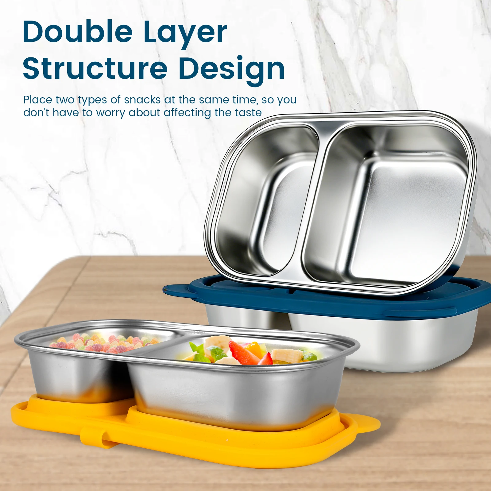 3/4Pcs Snack Container Stainless Steel Sauce Box with Silicone Lid 150/420ml 2 Compartment Food Storage Box Portable Dip Case