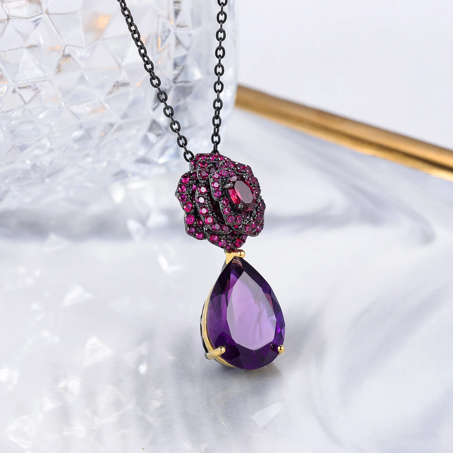 

genuine Luxury brand real jewels Rose tears Flower Pendant Natural Amethyst Necklace female 925 silver collarbone temperament li