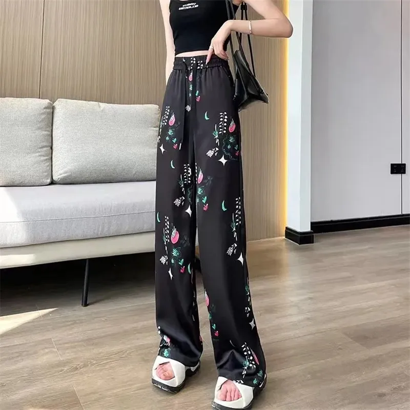 

High Waisted Trousers Acetic Acid Wide Leg Pants Women's Summer Baggy vintage Design Sense Printed Ice Silk Casual Pants Ladies