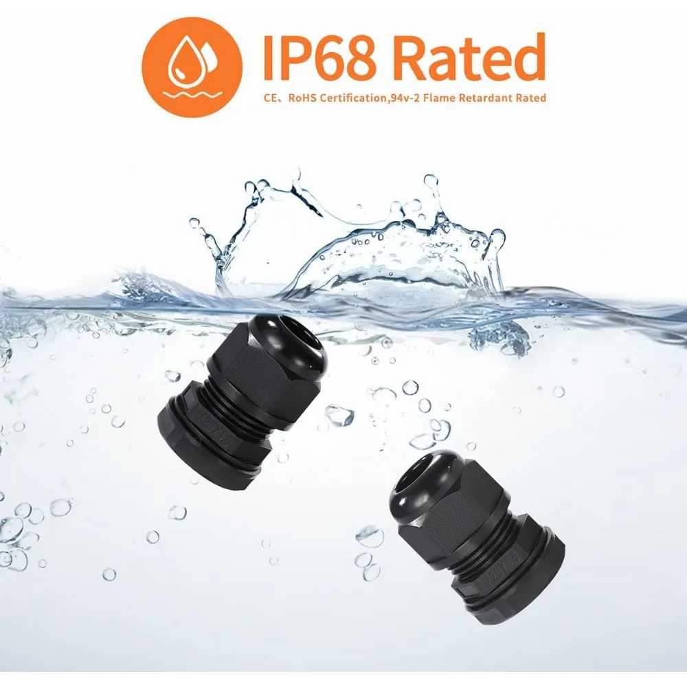 5PCS IP68 Waterproof Cable Glands, Suitable for 3-6.5mm M12/M16/M20/M25 Black Nylon Plastic Connections