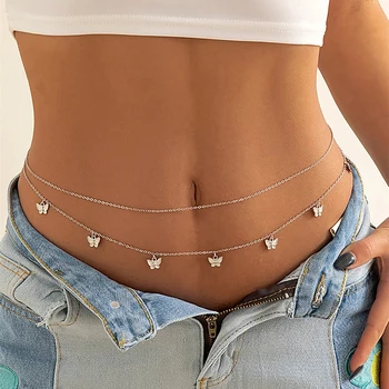 Sexy Double Thin Chain Women's Waist Chain Charming Butterfly Stainless Steel Belly Chain Summer Beach Bikini Body Jewelry 1