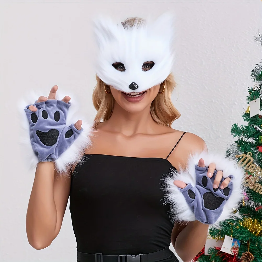 Fluffy Fur Fox Tail  Cat Paws Gloves Set - Wolf Mask Halloween Cosplay Accessories